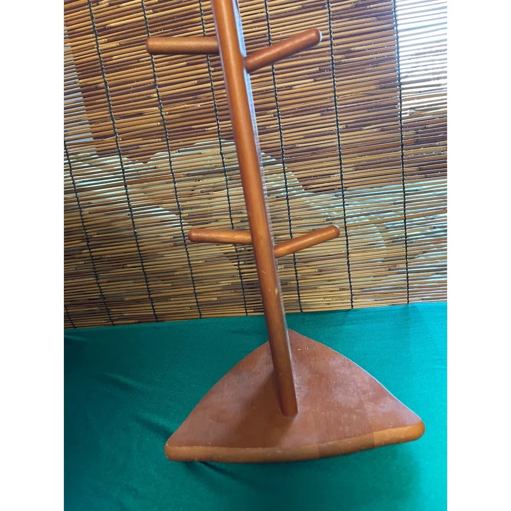 Vintage MCM Wooden Mug Tree Stand Triangular Base 6 Hook Jewelry Organizer Brown